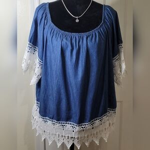 Vintage Boho Denim Tunic with White Lace at Hem and Sleeves Plus Size 2X